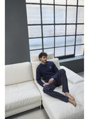 Pigiama serafino, in confortevole puro cotone blu, linea racchette