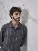 Pigiama cardigan in calda flanella di puro cotone gessato grigio