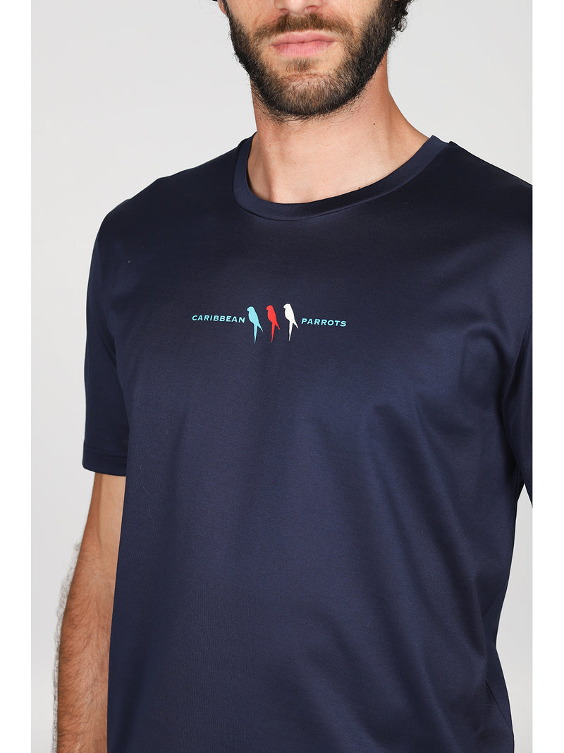 T-shirt in jersey di puro cotone blu, con stampa piazzata "pappagallo"