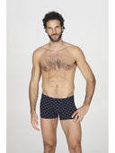 Boxer parigamba in jersey di cotone elasticizzato blu, in fantasia