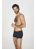 Boxer parigamba in jersey di cotone elasticizzato blu, in fantasia