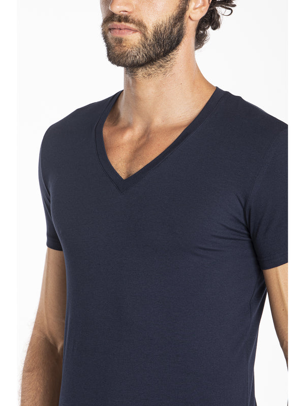 Maglietta blu scollo a v in leggero jersey di cotone elasticizzato